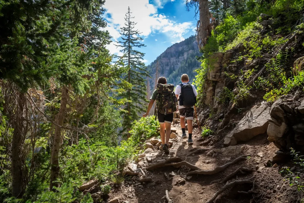 Two children hiking up a cliff with trees on the left and a rocky wall on their right.