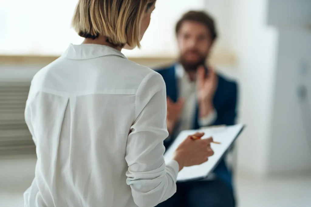 Therapist holding a clipboard, speaking with a patient who is blurred in the background.