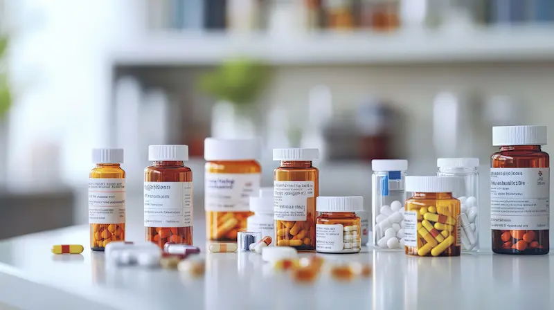 Table of different pill bottles for many medications.