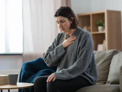 Distraught woman sitting on couch with hand on chest.